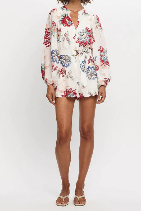 V-neck floral print lantern sleeve jumpsuit - white