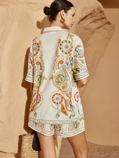print linen lapel shirt cardigan shorts suit