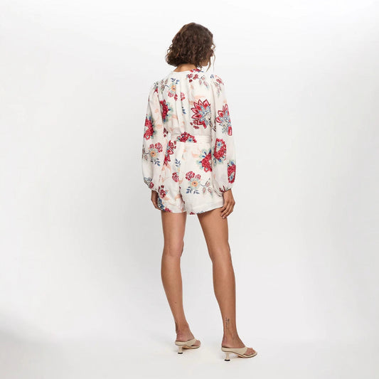 V-neck floral print lantern sleeve jumpsuit - white