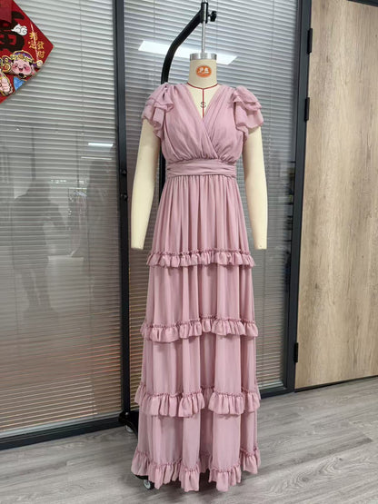 V-neck double-layered ruffled maxi dress