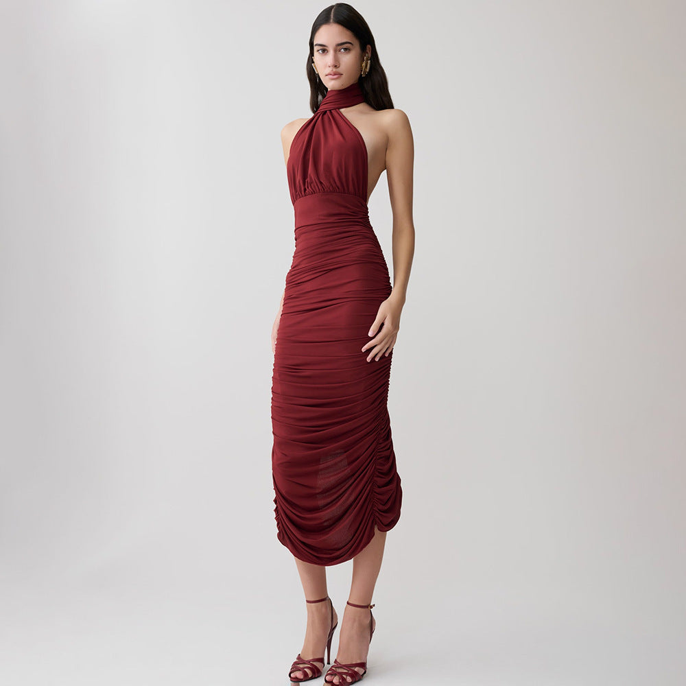 Burgundy Ruched Halter Midi Dress Premium Fabric - product view 2