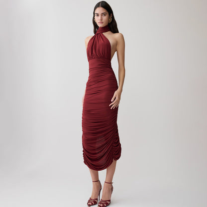 Burgundy Ruched Halter Midi Dress Premium Fabric - product view 2