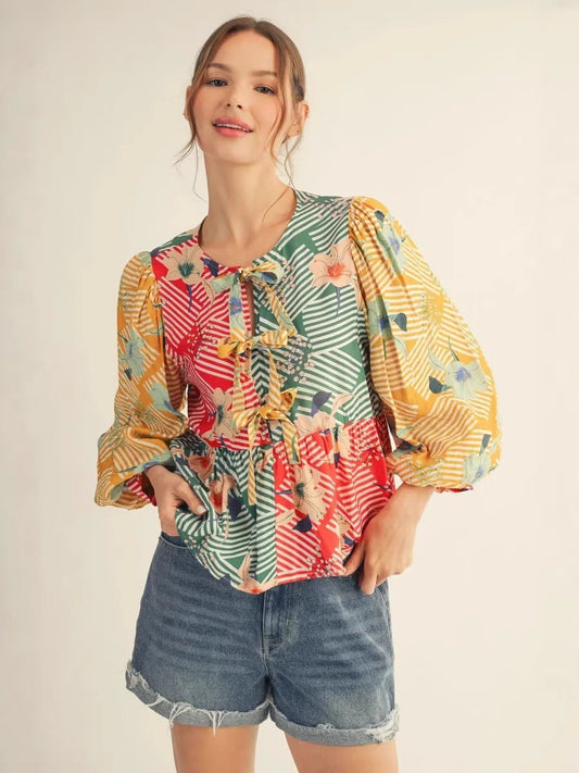 Bohemian floral stripe patchwork tie front puff sleeve top