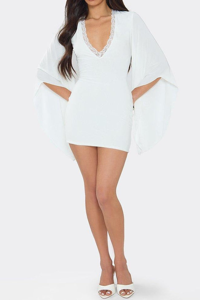 White Lace-Trim Mini Dress with Flowing Kimono Sleeves Premium Fabric - product view 5