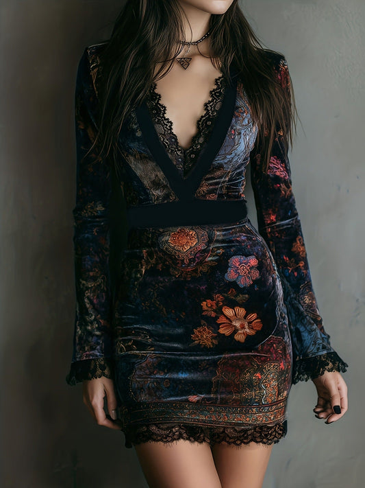 V-neck lace-trimmed printed long-sleeved bodycon mini dress