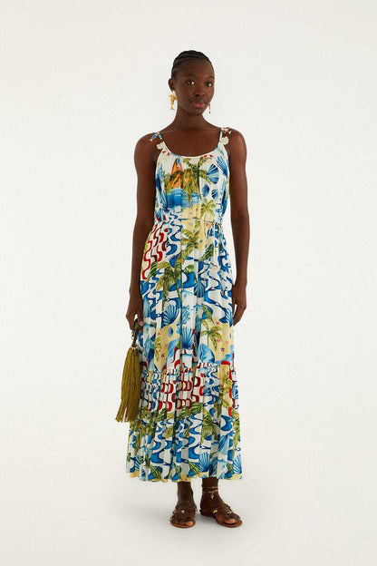 printed lace-up halter backless maxi dress