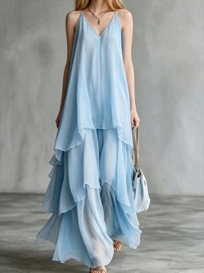 Flowy layered sleeveless slip tulle midi dress