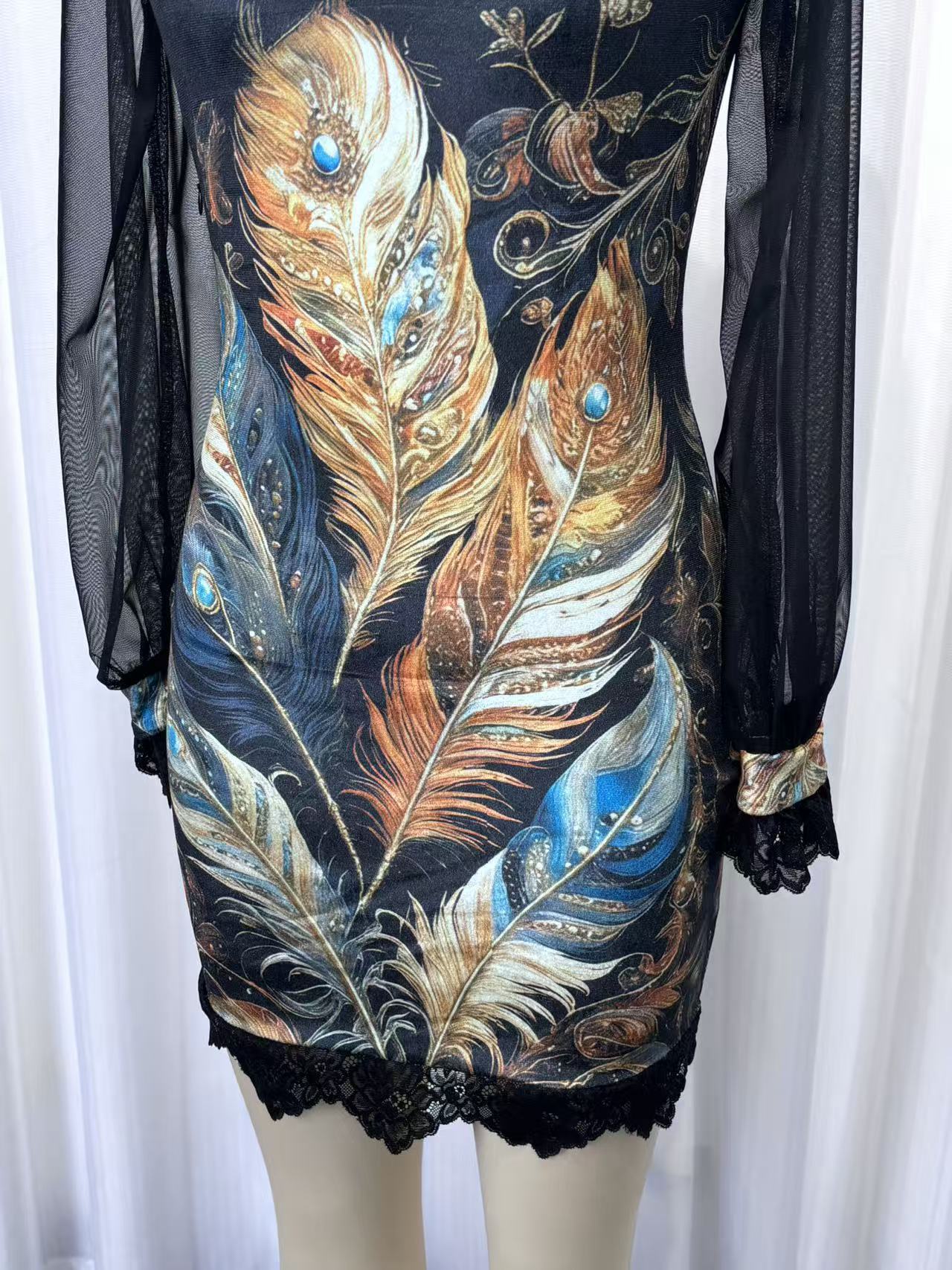 Lace trim and printed mesh bodycon mini dress