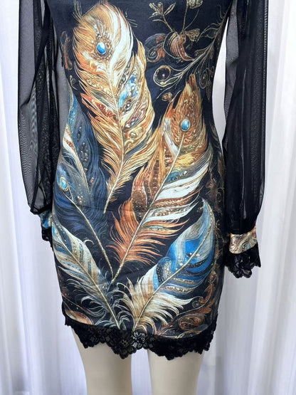 Lace trim and printed mesh bodycon mini dress