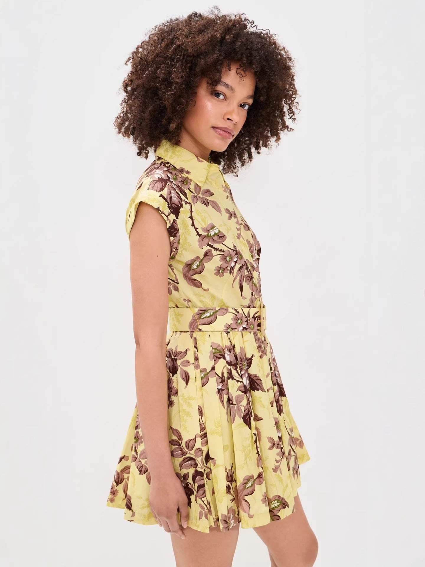 printed sleeveless  A-line pleated mini dress - yellow