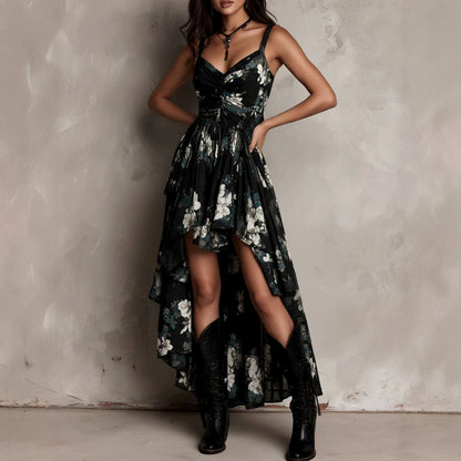 black Printed halter midi dress with irregular wave hem
