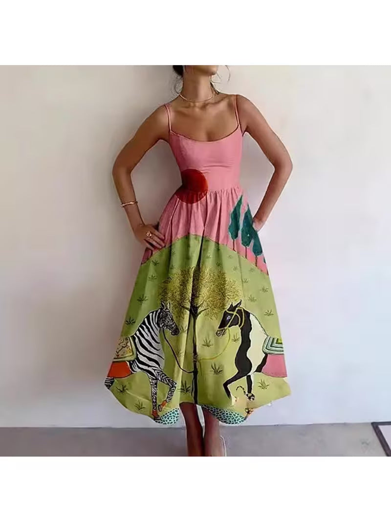 Marine life print sleeveless camisole midi dress