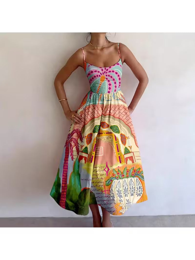Marine life print sleeveless camisole midi dress