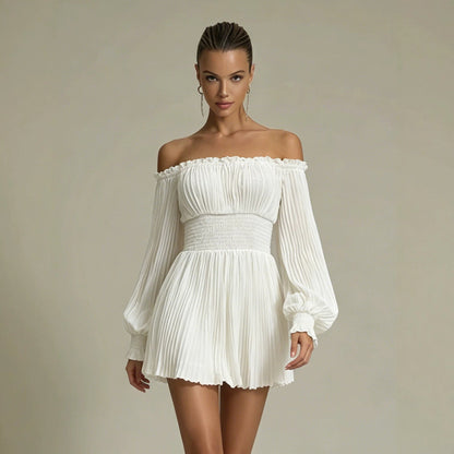 Ruched off-the-shoulder long-sleeve waist-cinching mini dress - white