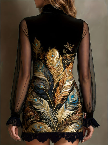 Lace trim and printed mesh bodycon mini dress