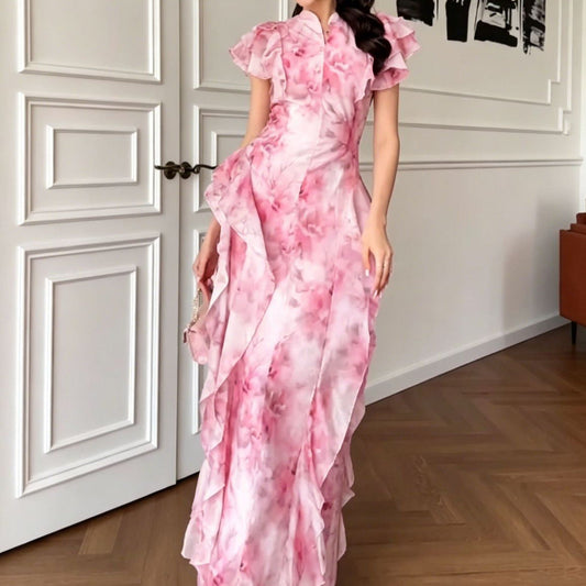 Floral print flutter sleeves fishtail maxi dress - Pink / Blue / Yellow
