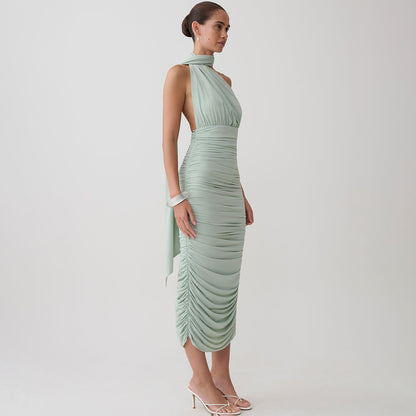 Mint Green Ruched Halter Midi Dress with Open Back Premium Fabric - product view 2