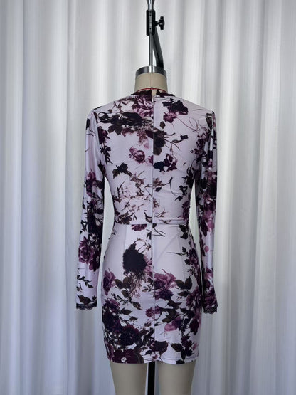 Lace-trimmed printed long-sleeved V-neck bodycon mini dress