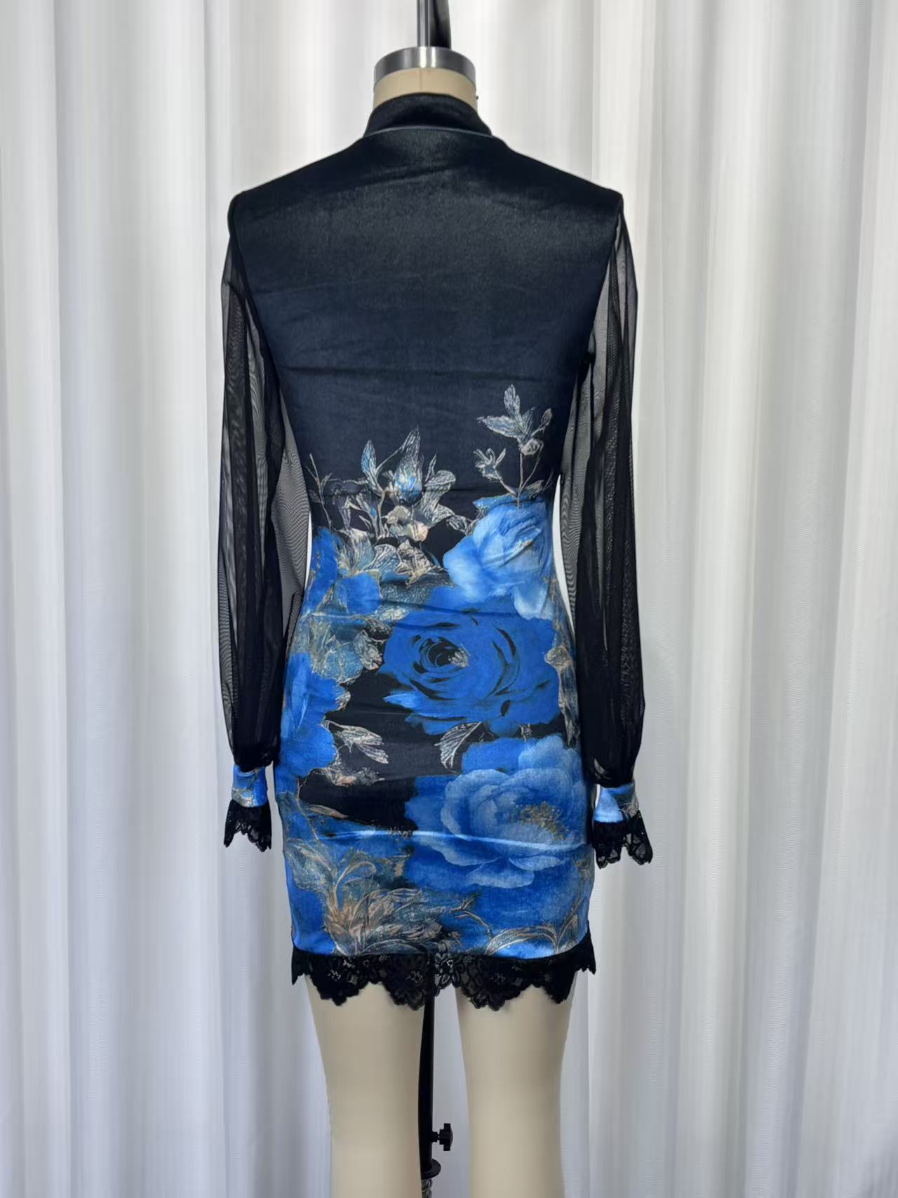 Lace trim and printed mesh bodycon mini dress