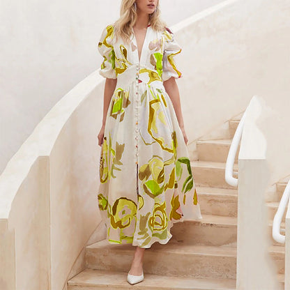 Watercolor Floral Printed Puff Sleeve Button Maxi Dress