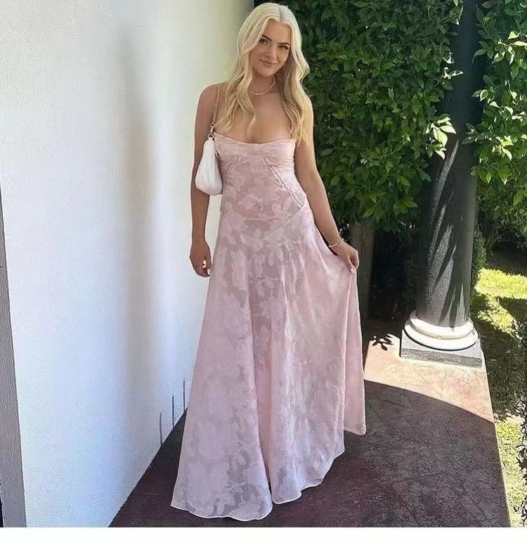 Sheer Jacquard Maxi Dress in Pink
