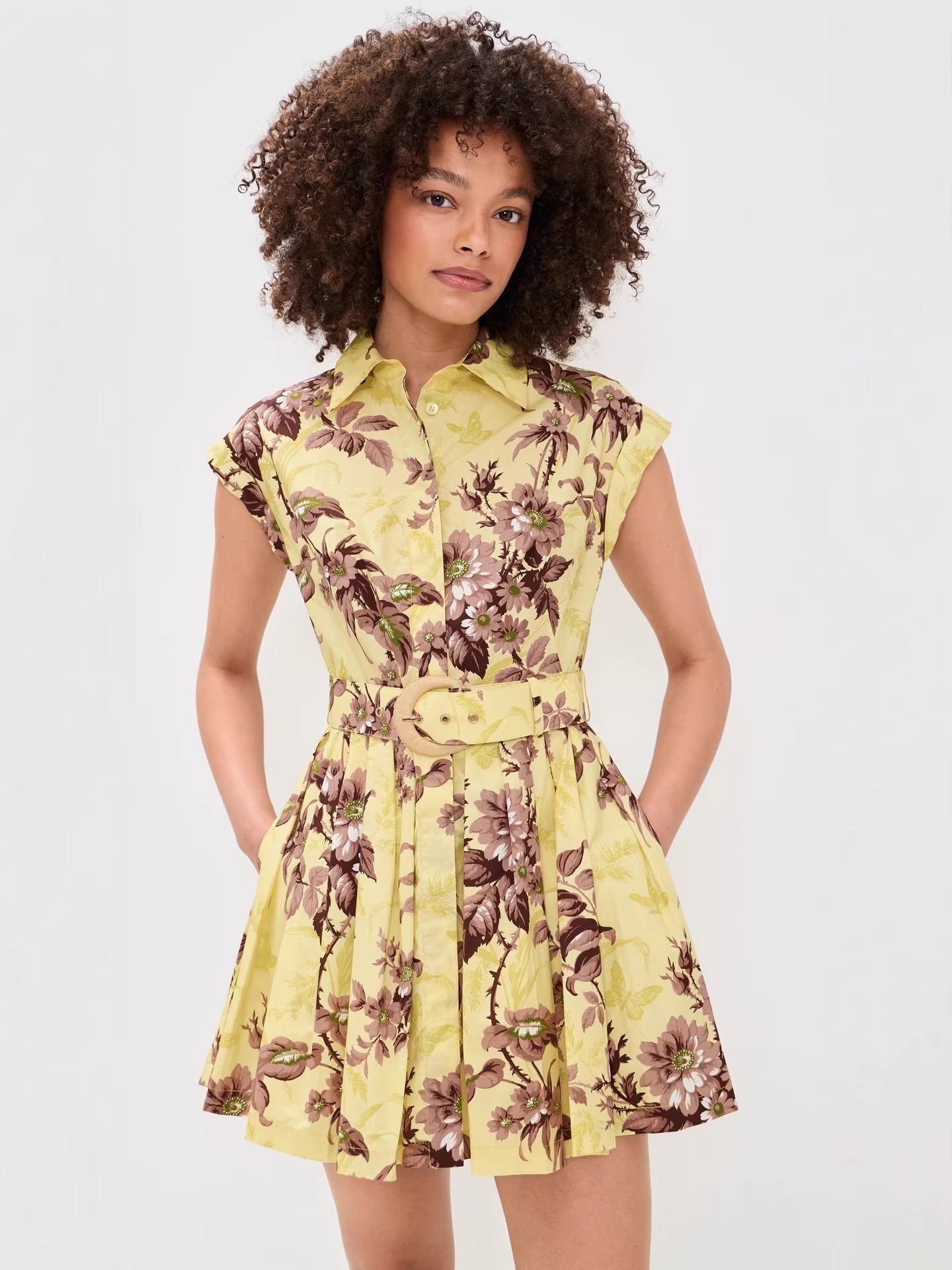 printed sleeveless  A-line pleated mini dress - yellow