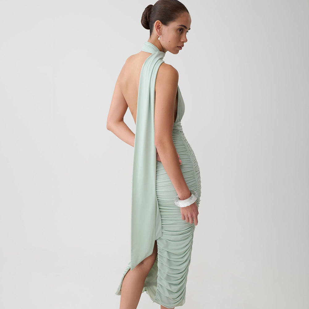 Mint Green Ruched Halter Midi Dress with Open Back Premium Fabric - product view 5