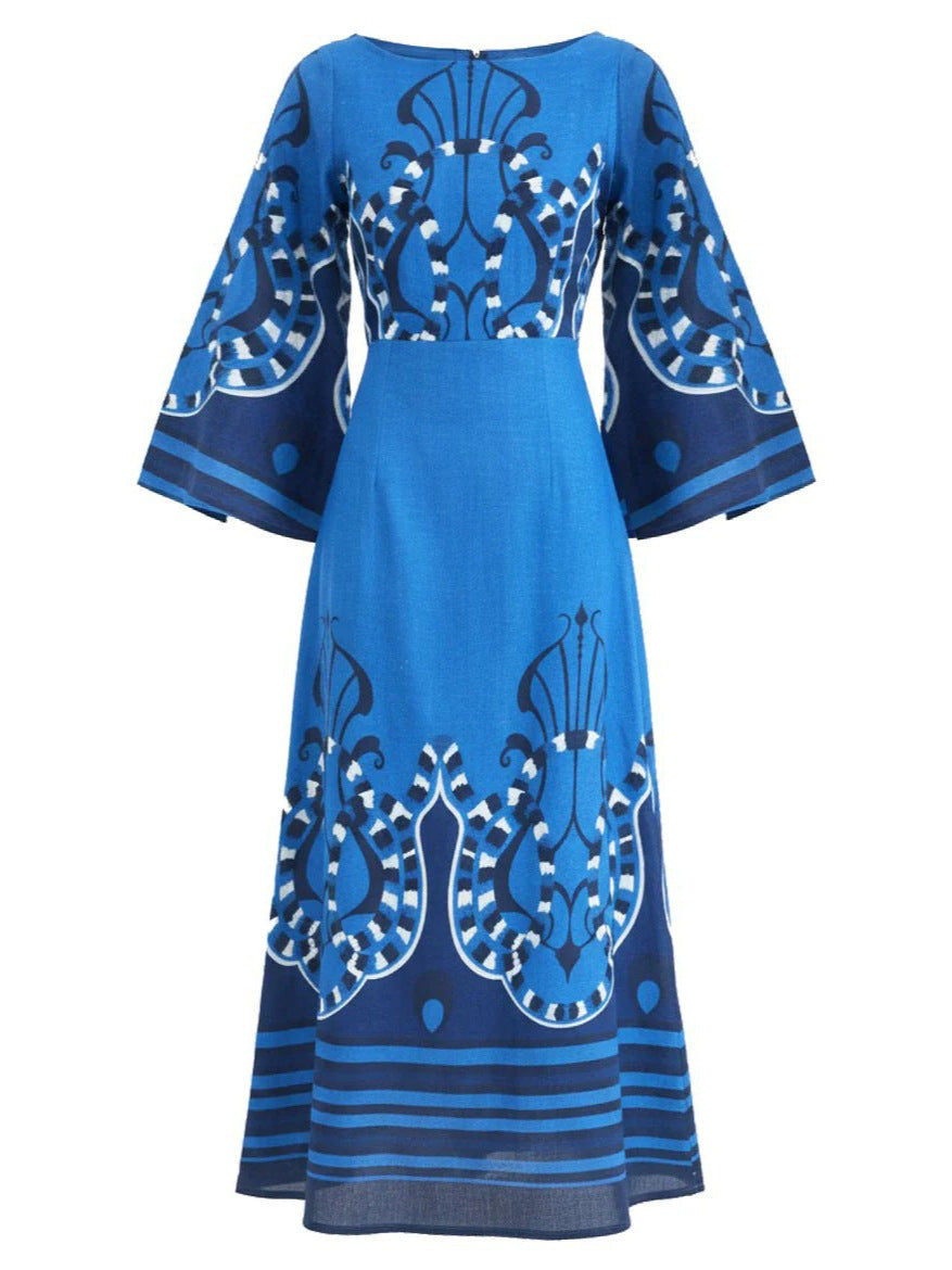 Printed Flare Sleeve midi dress - blue