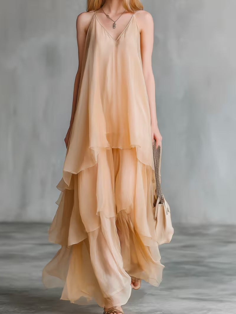 Flowy layered sleeveless slip tulle midi dress