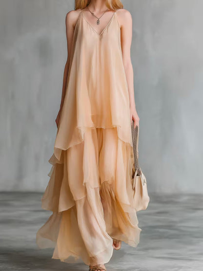 Flowy layered sleeveless slip tulle midi dress