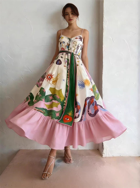 Printed camisole full-sweep maxi dress with ruffled