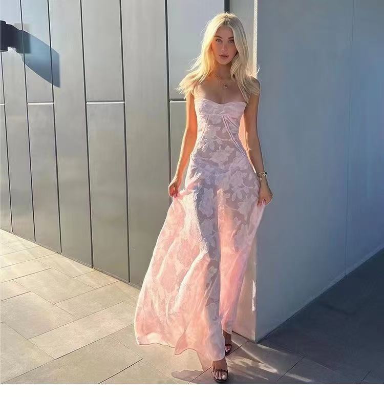 Sheer Jacquard Maxi Dress in Pink
