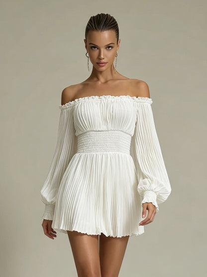 Ruched off-the-shoulder long-sleeve waist-cinching mini dress - white
