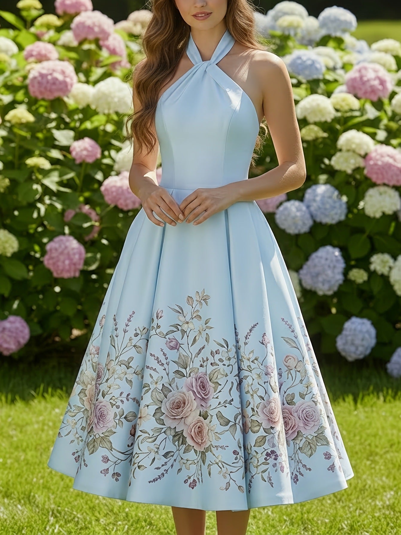 vivien Halter-neck floral print midi dress