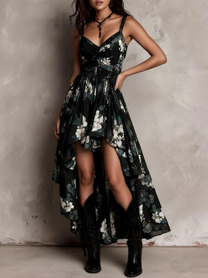 black Printed halter midi dress with irregular wave hem