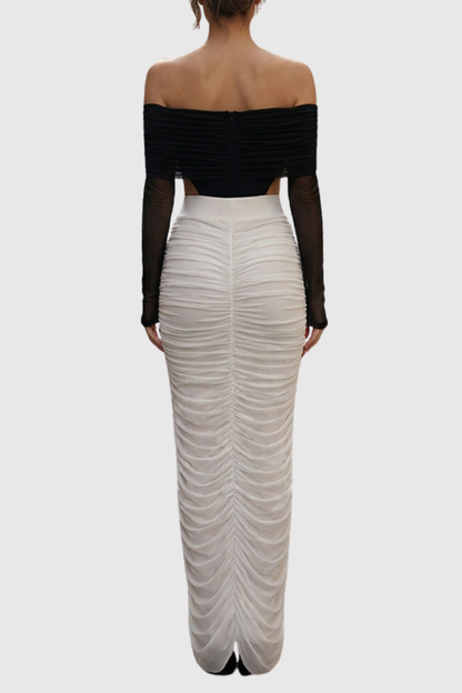 Oaks Off Shoulder Mesh Ruched Bodysuit & Maxi Skirt Set
