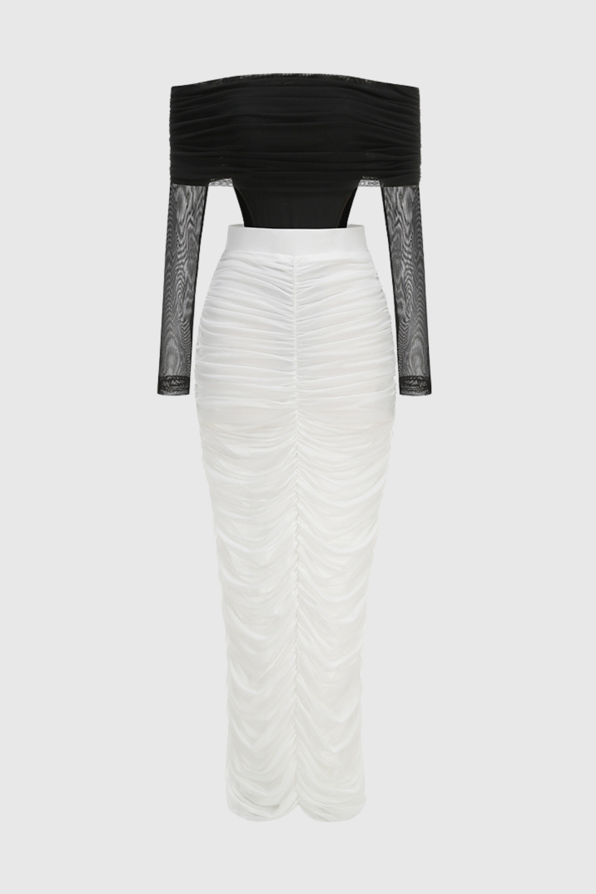 Oaks Off Shoulder Mesh Ruched Bodysuit & Maxi Skirt Set
