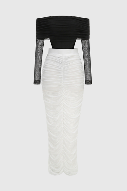 Oaks Off Shoulder Mesh Ruched Bodysuit & Maxi Skirt Set