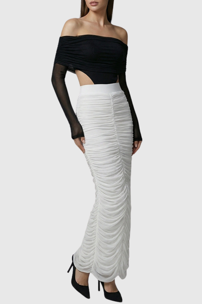 Oaks Off Shoulder Mesh Ruched Bodysuit & Maxi Skirt Set