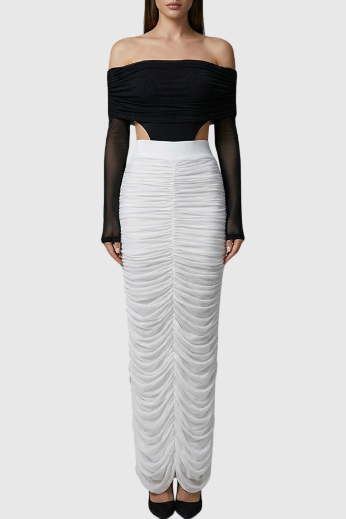 Oaks Off Shoulder Mesh Ruched Bodysuit & Maxi Skirt Set
