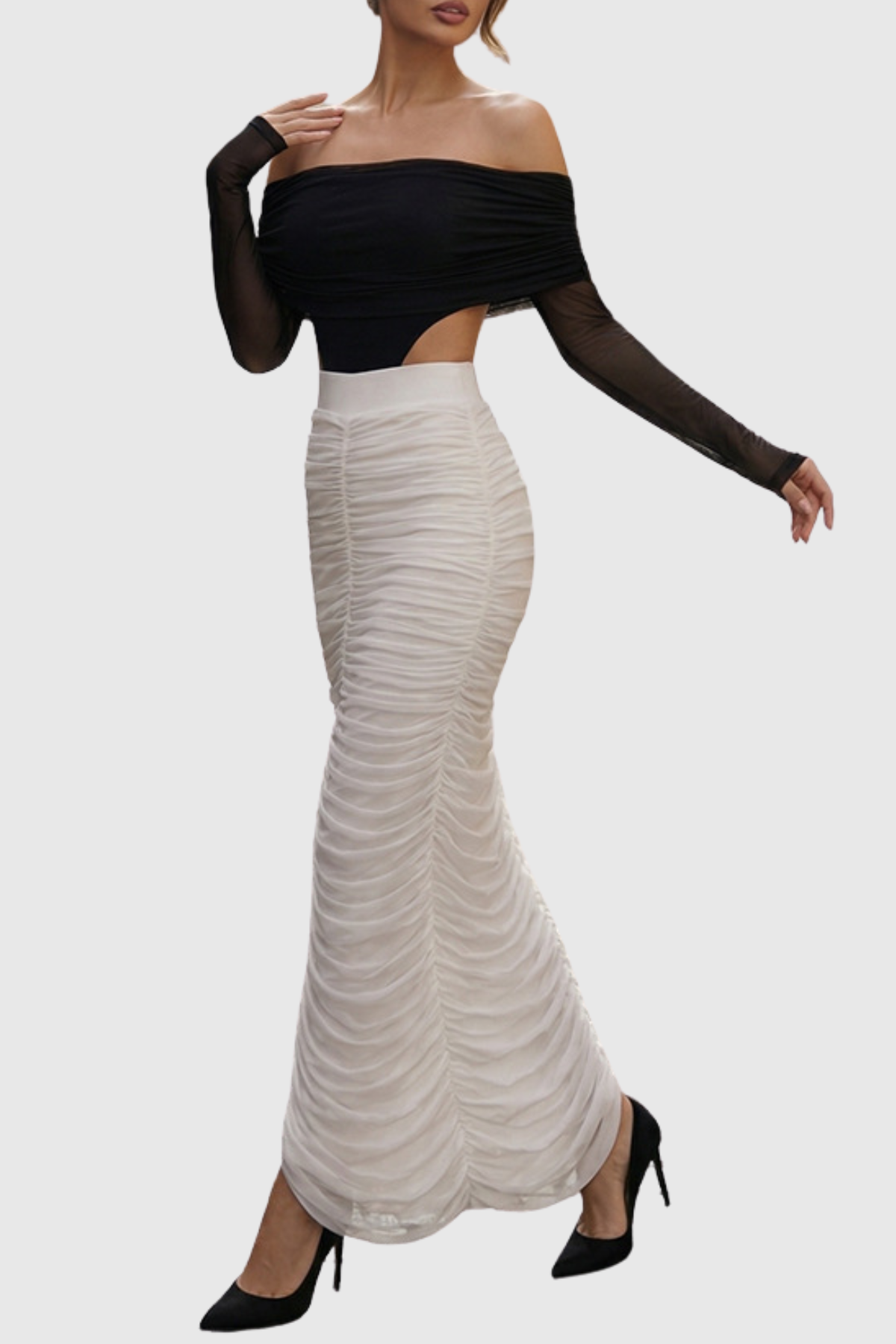 Oaks Off Shoulder Mesh Ruched Bodysuit & Maxi Skirt Set