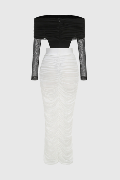 Oaks Off Shoulder Mesh Ruched Bodysuit & Maxi Skirt Set