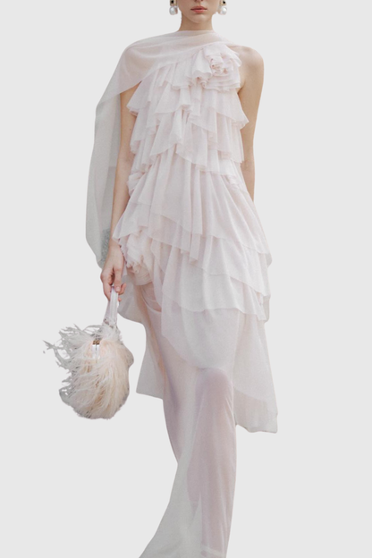 Oaskia Sleeveless Ruffle Maxi Dress - Beige