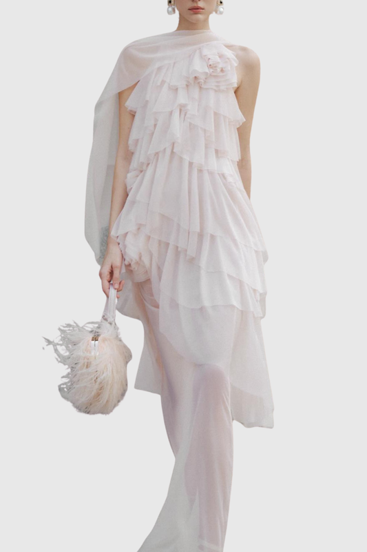 Oaskia Sleeveless Ruffle Maxi Dress - Beige