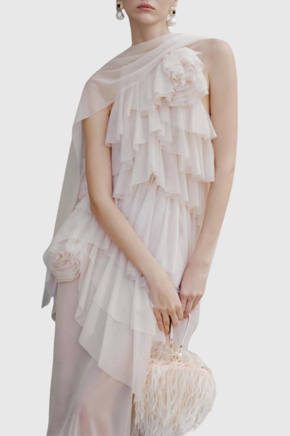 Oaskia Sleeveless Ruffle Maxi Dress - Beige