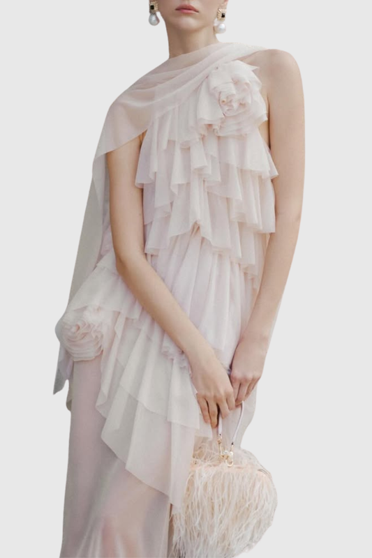 Oaskia Sleeveless Ruffle Maxi Dress - Beige