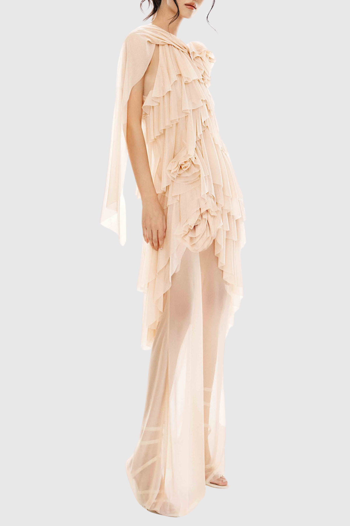 Oaskia Sleeveless Ruffle Maxi Dress - Nude