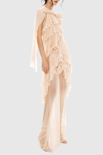 Oaskia Sleeveless Ruffle Maxi Dress - Nude