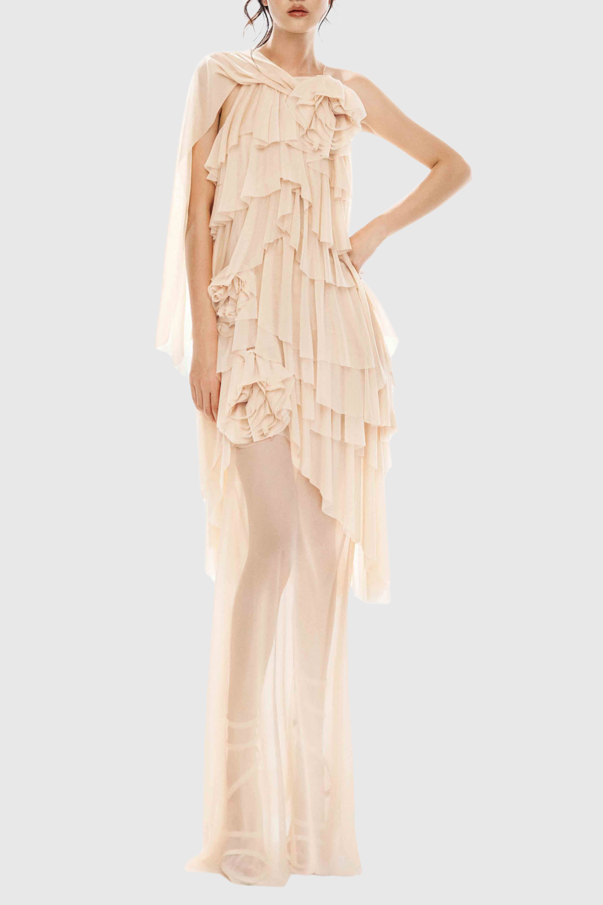 Oaskia Sleeveless Ruffle Maxi Dress - Nude