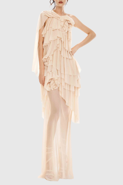Oaskia Sleeveless Ruffle Maxi Dress - Nude